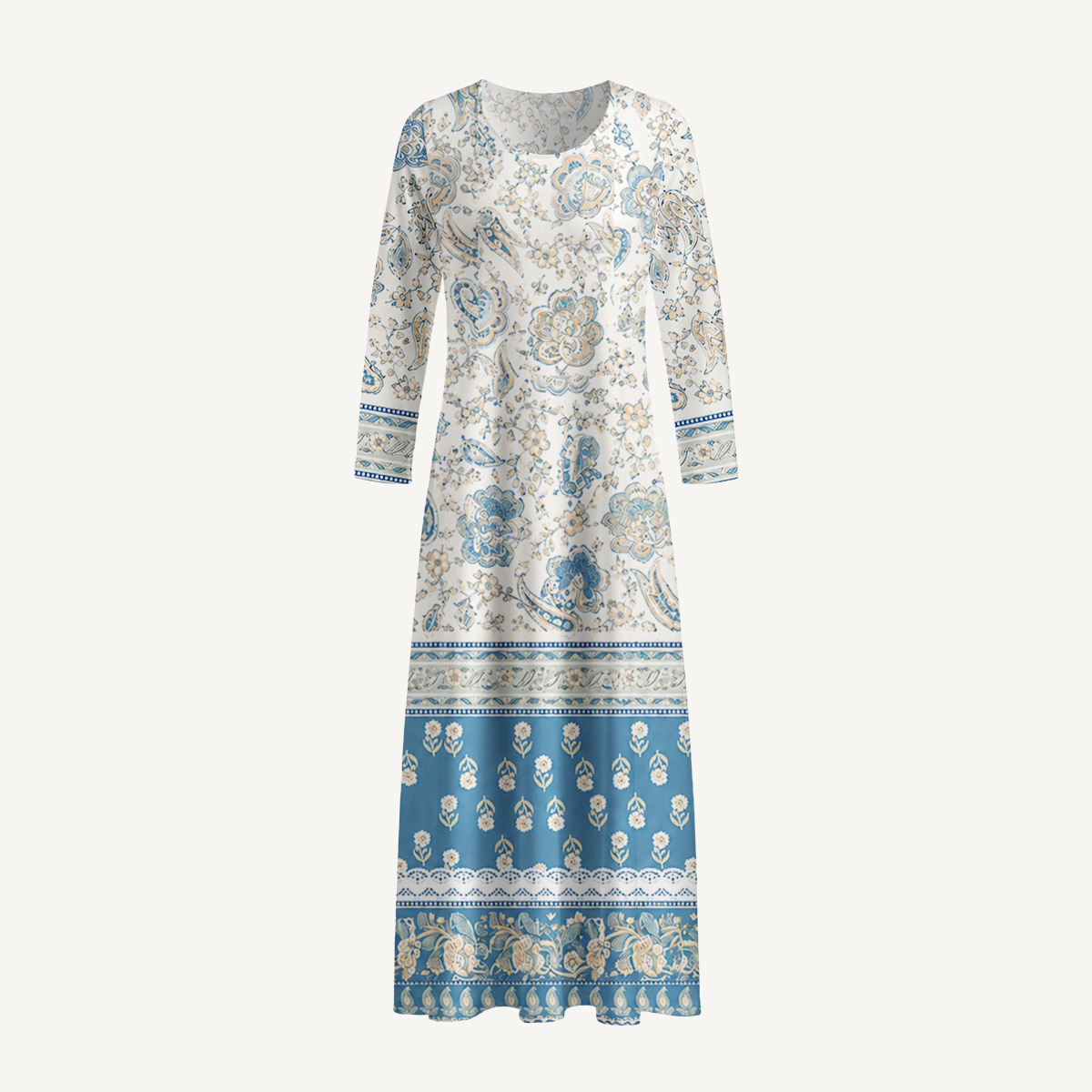 Blue Vintage Floral Border Soft-Touch Stretch Knit Long Sleeve Maxi Dress with Pockets