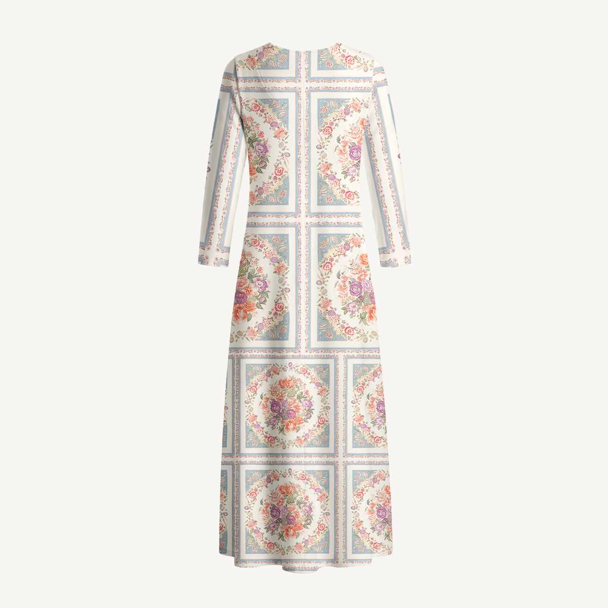 Floral Frame Tile Print Long Sleeve Maxi Dress with Pockets