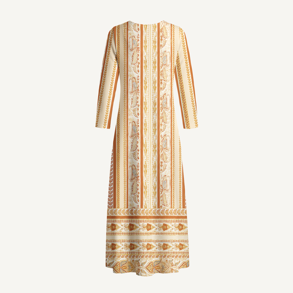 Orange Ethnic Inspired Botanical Stripe Long Sleeve Maxi Dress with Pockets