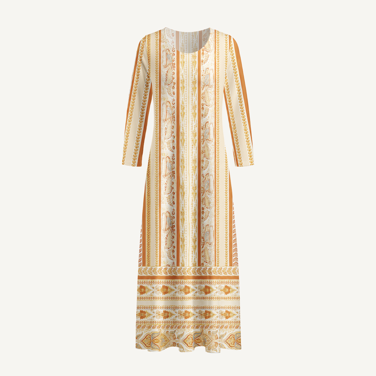 Orange Ethnic Inspired Botanical Stripe Long Sleeve Maxi Dress with Pockets