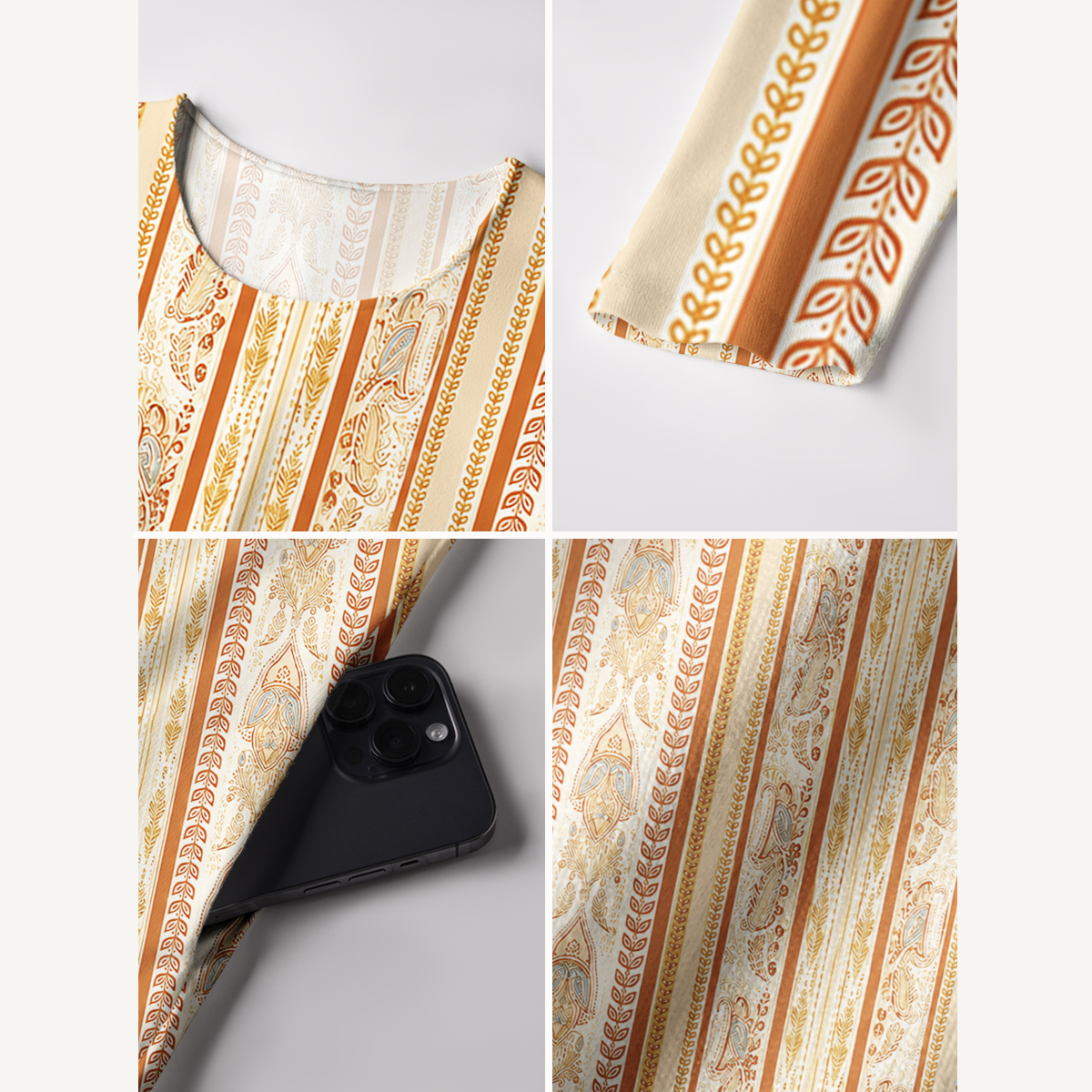 Orange Ethnic Inspired Botanical Stripe Long Sleeve Maxi Dress with Pockets