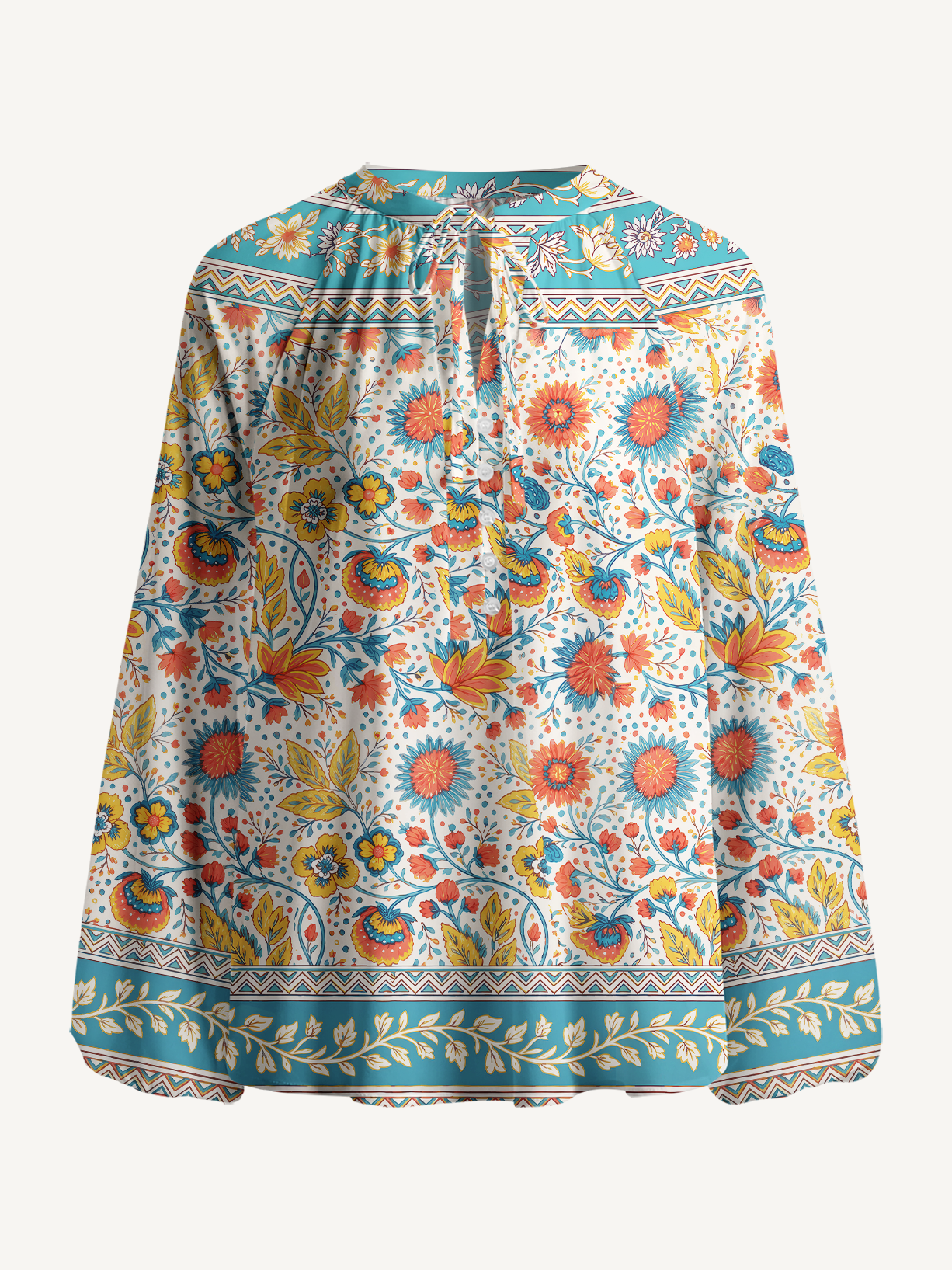 Moroccan Garden Pattern Boho Long Sleeve Tie‑Neck Blouse