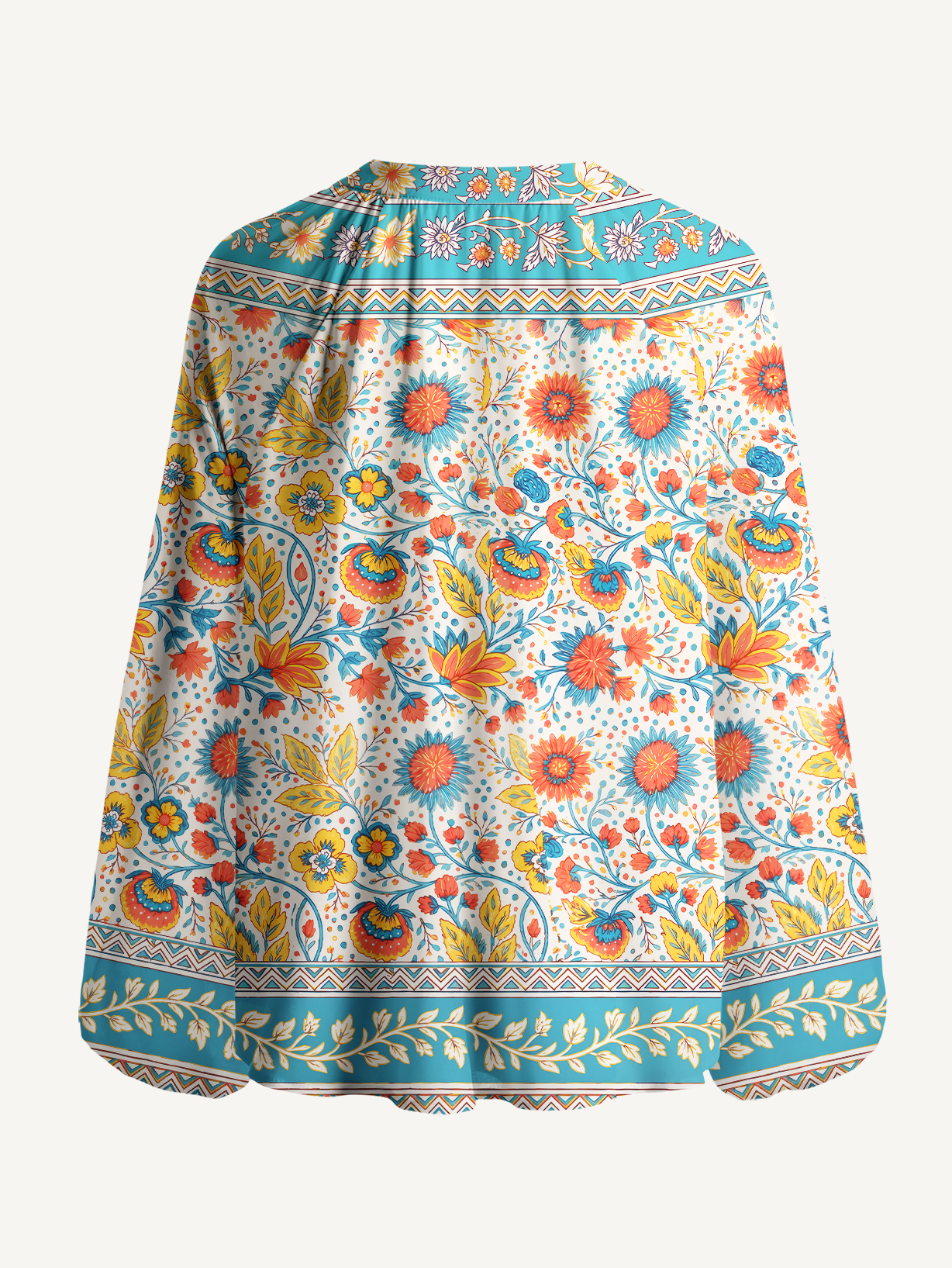 Moroccan Garden Pattern Boho Long Sleeve Tie‑Neck Blouse