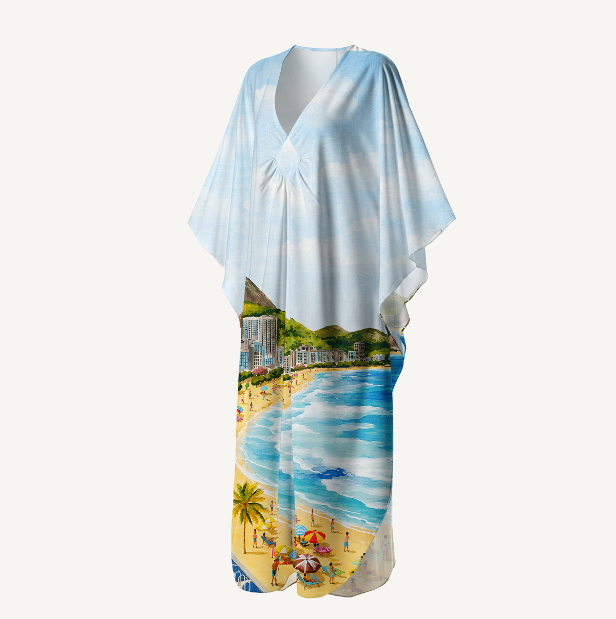 Rio Beach Scene Kimono Sleeve Kaftan Dress