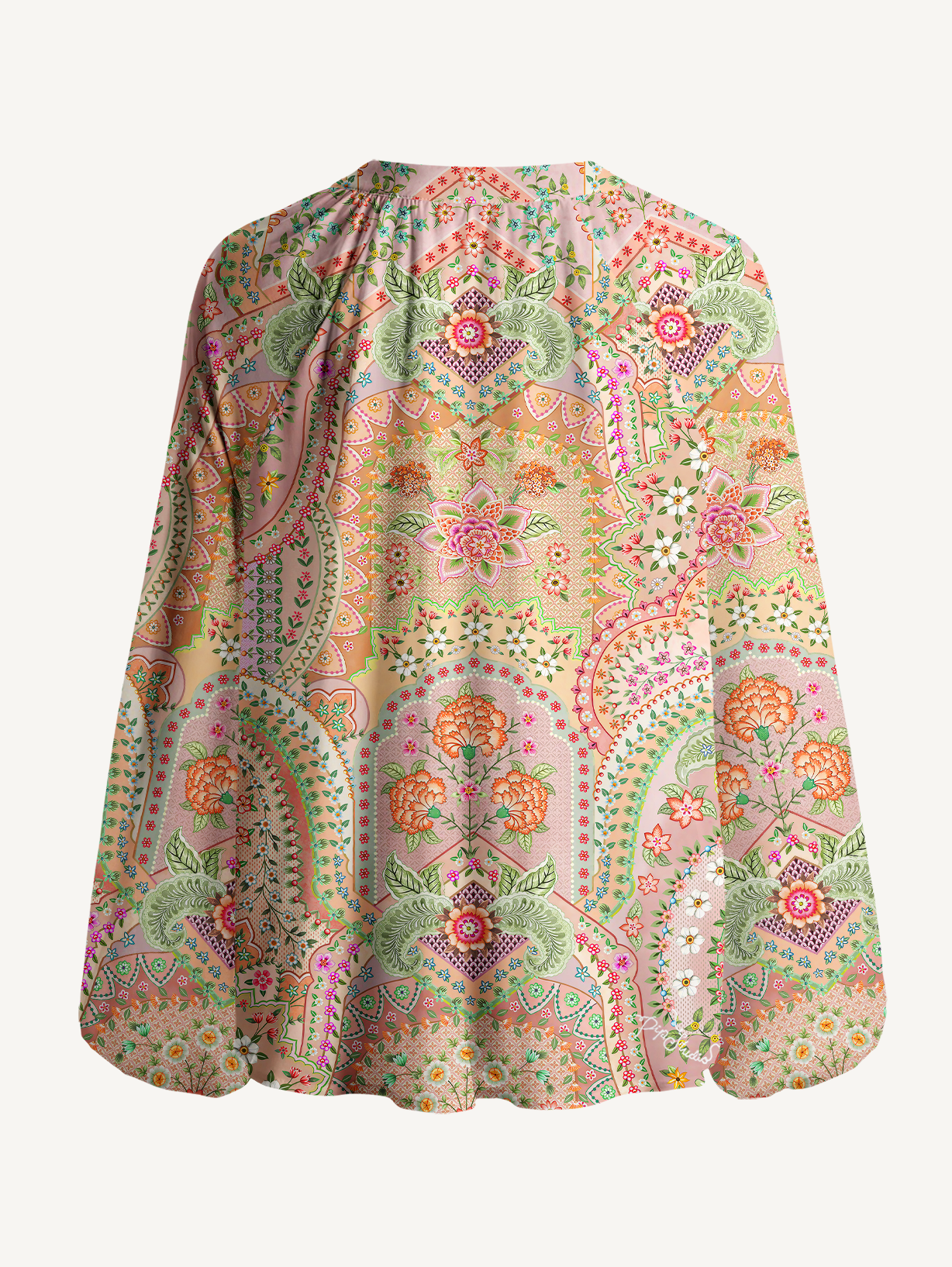 Patchwork Mandala Floral Print Boho Long Sleeve Tie‑Neck Blouse