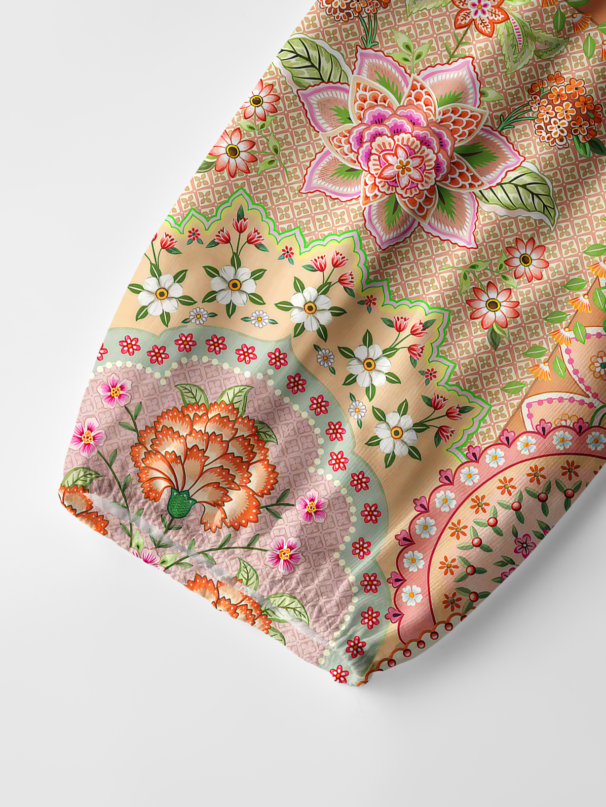 Patchwork Mandala Floral Print Boho Long Sleeve Tie‑Neck Blouse