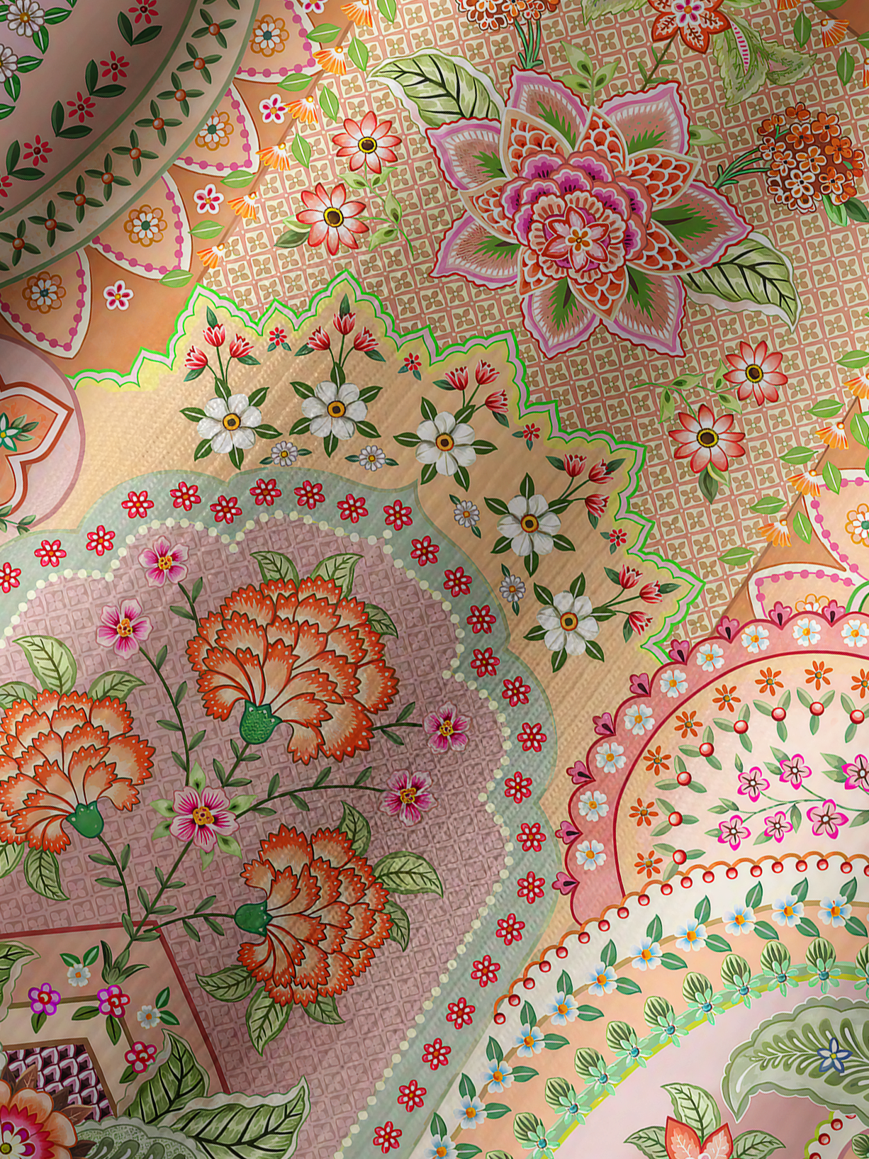 Patchwork Mandala Floral Print Boho Long Sleeve Tie‑Neck Blouse