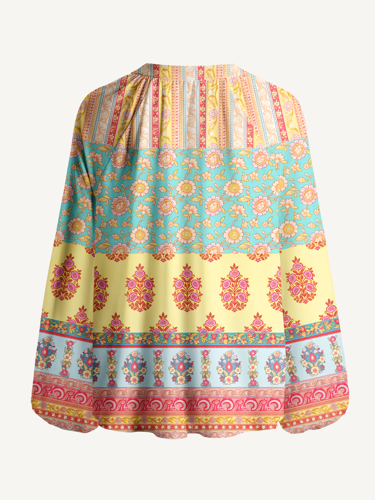 Paisley Inspired Pattern Boho Long Sleeve Tie‑Neck Blouse