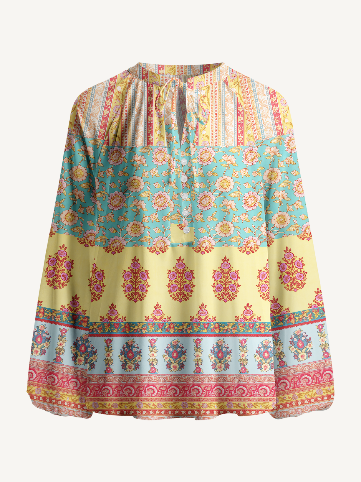 Paisley Inspired Pattern Boho Long Sleeve Tie‑Neck Blouse