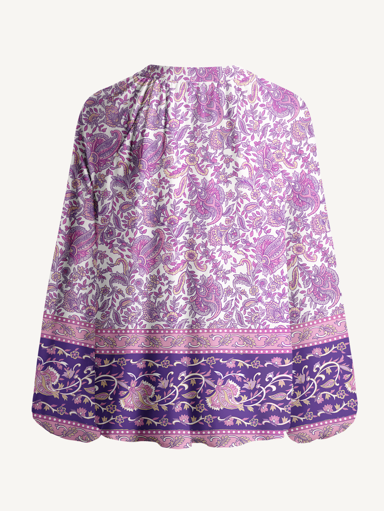 Violet Paisley Garden Print Boho Long Sleeve Tie‑Neck Blouse