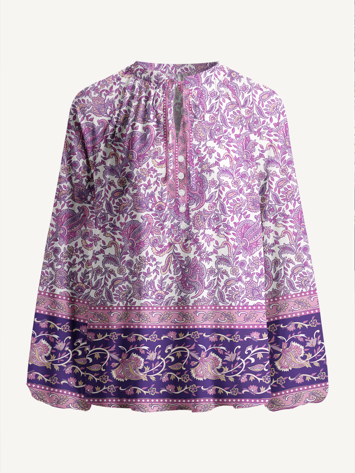 Violet Paisley Garden Print Boho Long Sleeve Tie‑Neck Blouse