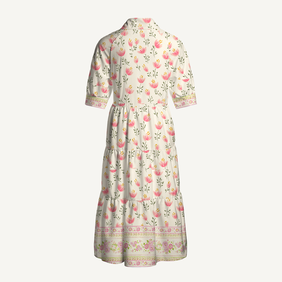 Pink Floral Border Elbow-Length Sleeve Midi Dress