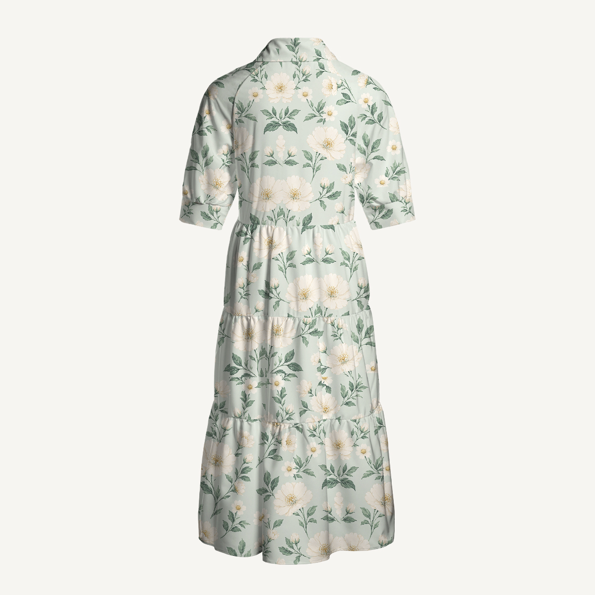 Peonies And Dogwoods Elbow-Length Sleeve Midi Dress
