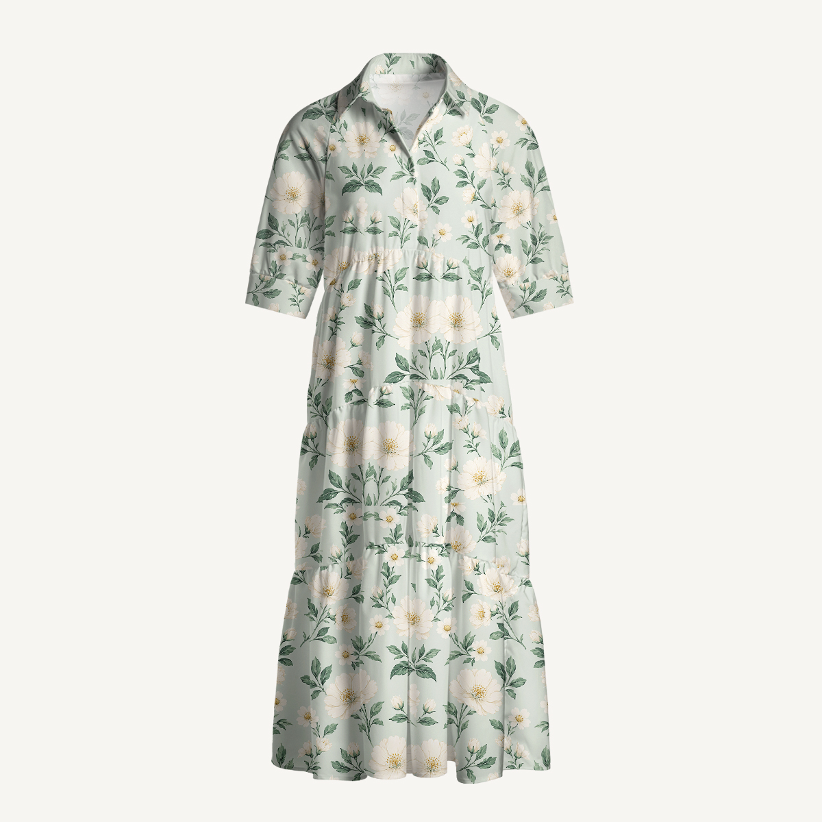 Peonies And Dogwoods Elbow-Length Sleeve Midi Dress