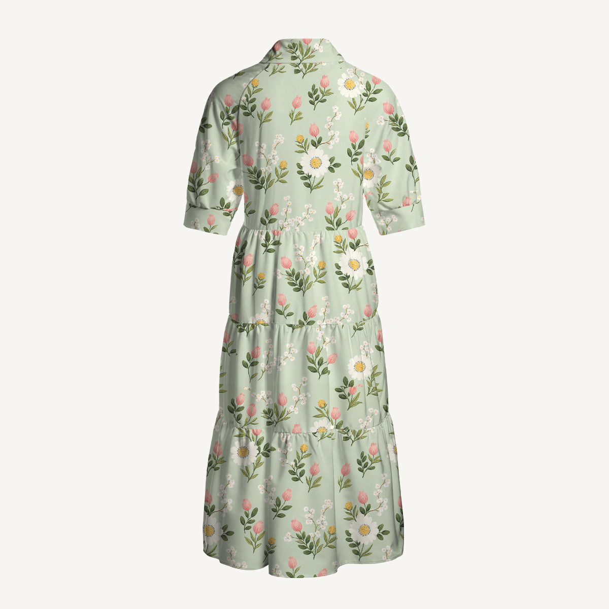 Sage Floral Meadow Elbow-Length Sleeve Midi Dress