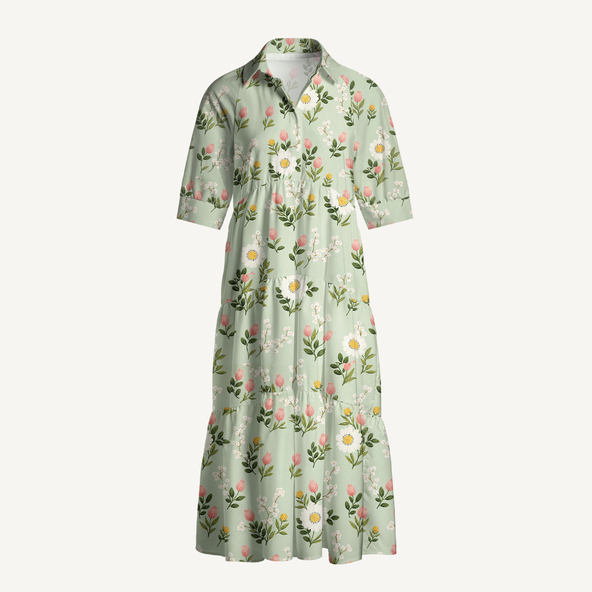 Sage Floral Meadow Elbow-Length Sleeve Midi Dress