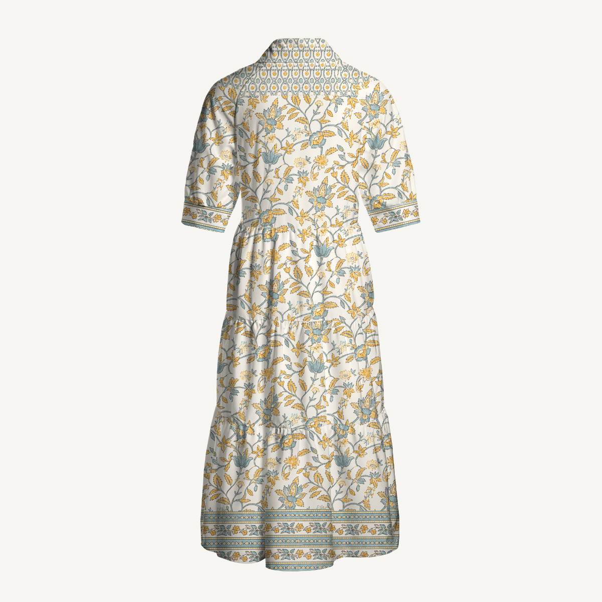 Soft Botanical Border Print Elbow-Length Sleeve Midi Dress