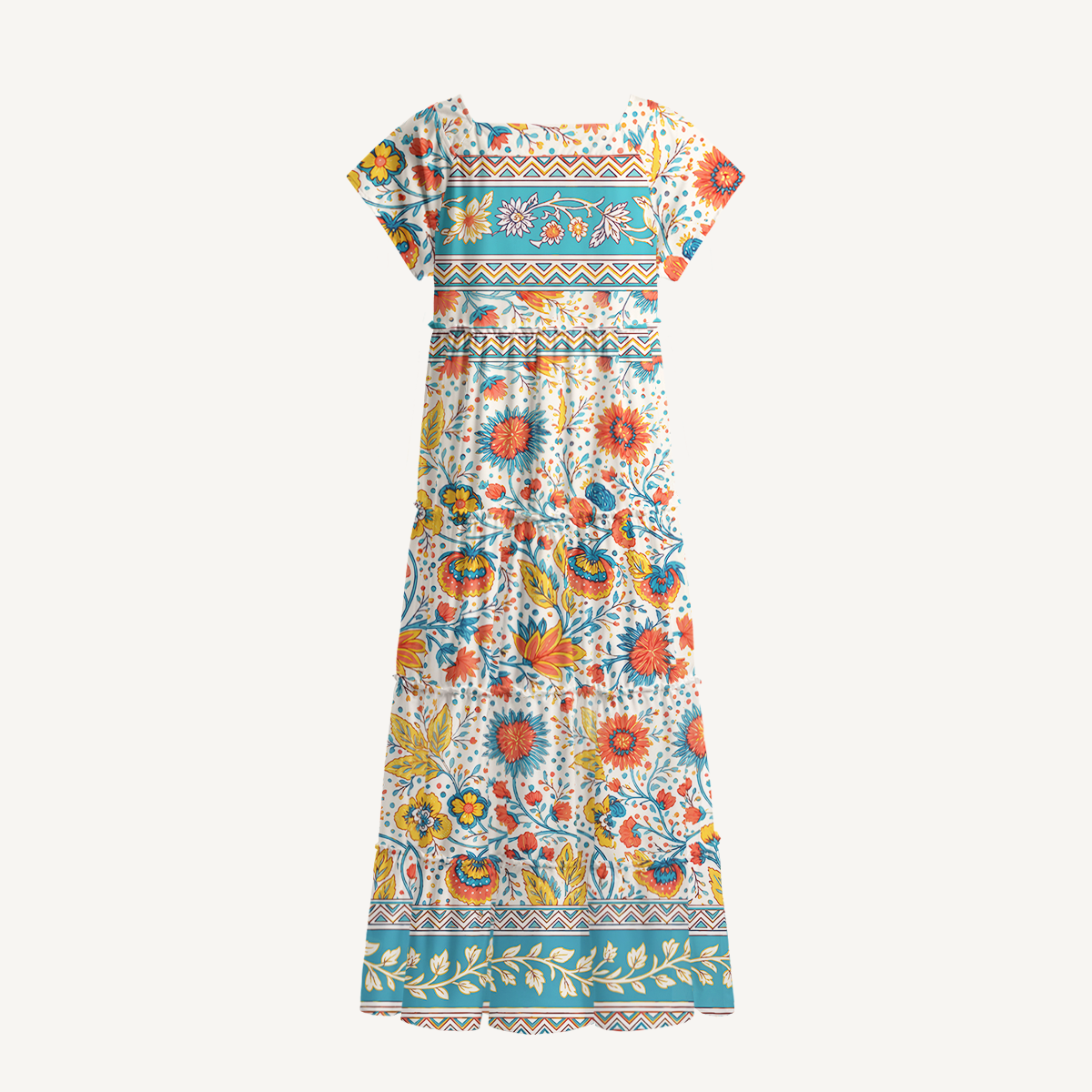 Moroccan Garden Pattern Square Neckline Cap Sleeve Maxi Dress