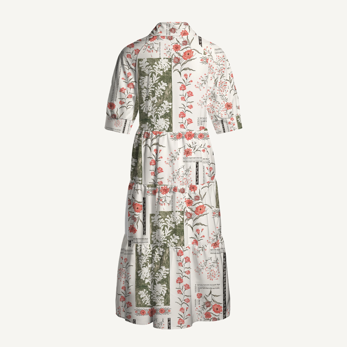 Vintage Botanical Patchwork Elbow Length Sleeve Midi Dress