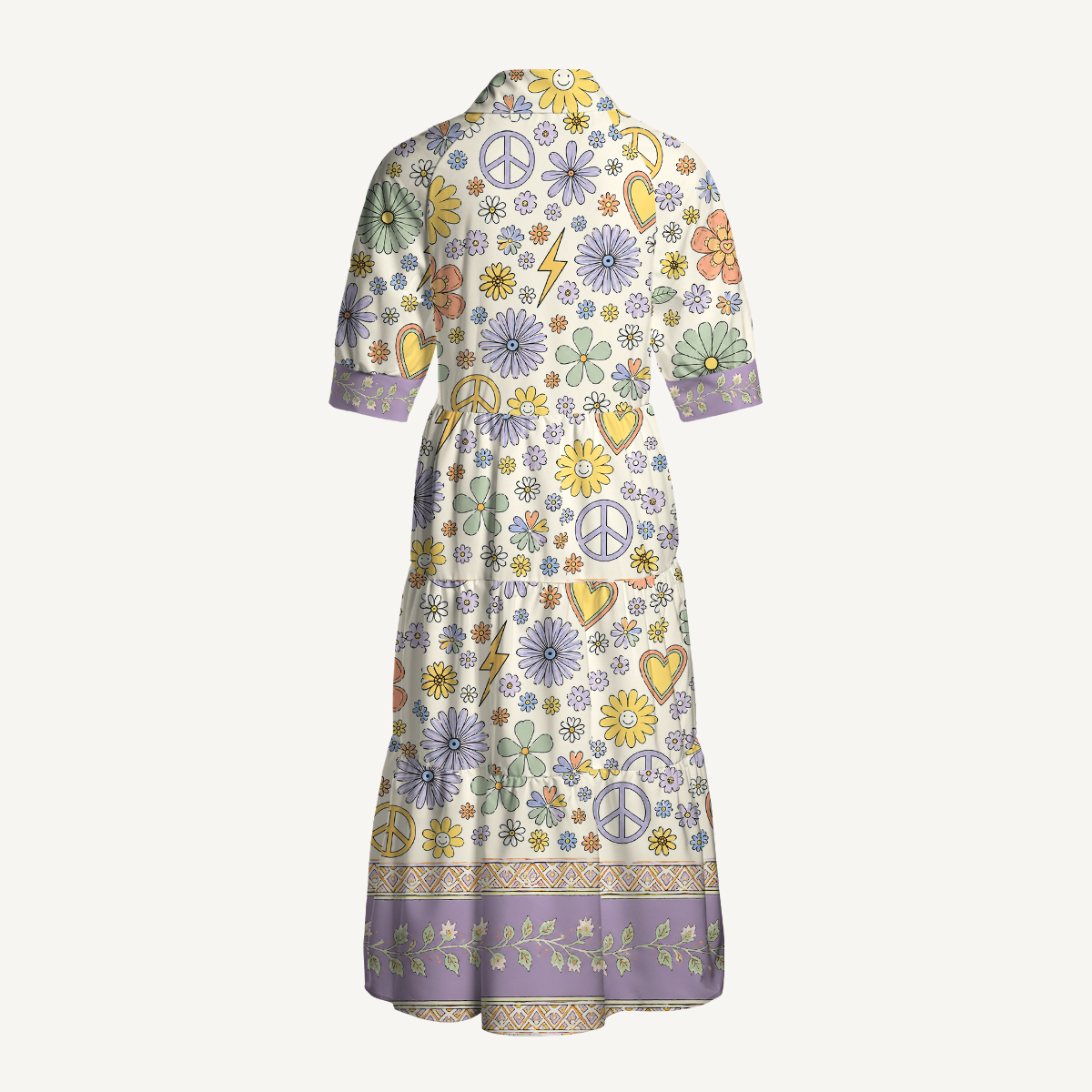 Groovy Retro Floral Symbol Elbow-Length Sleeve Midi Dress