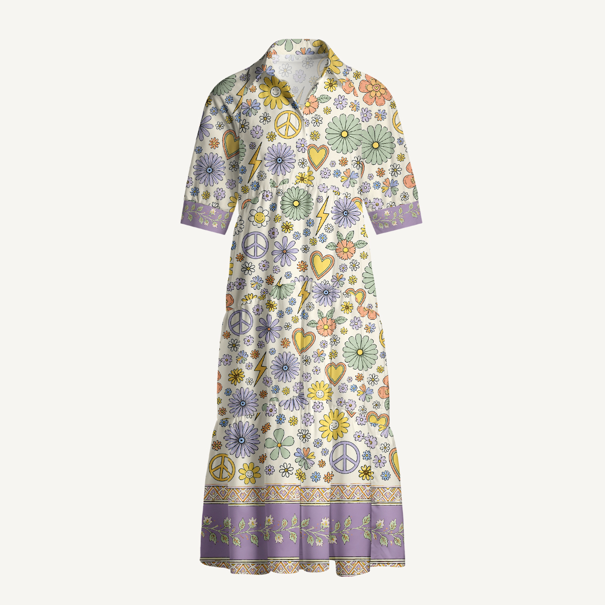 Groovy Retro Floral Symbol Elbow-Length Sleeve Midi Dress