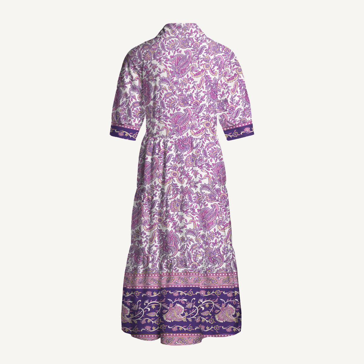 Violet Paisley Garden Print Elbow-Length Sleeve Women Midi Dress With Pockets