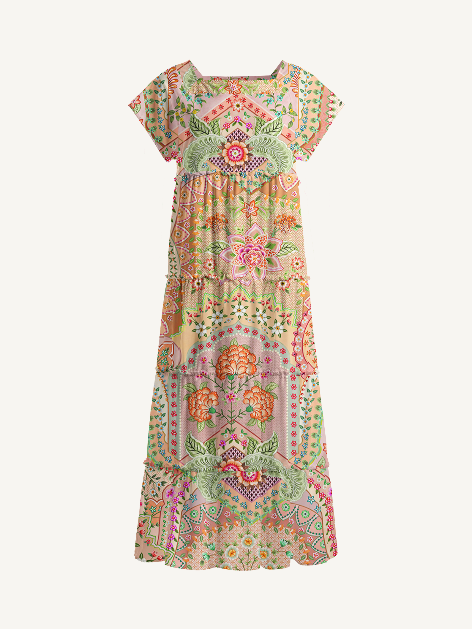 Patchwork Mandala Floral Square Neckline Cap Sleeve Maxi Dress