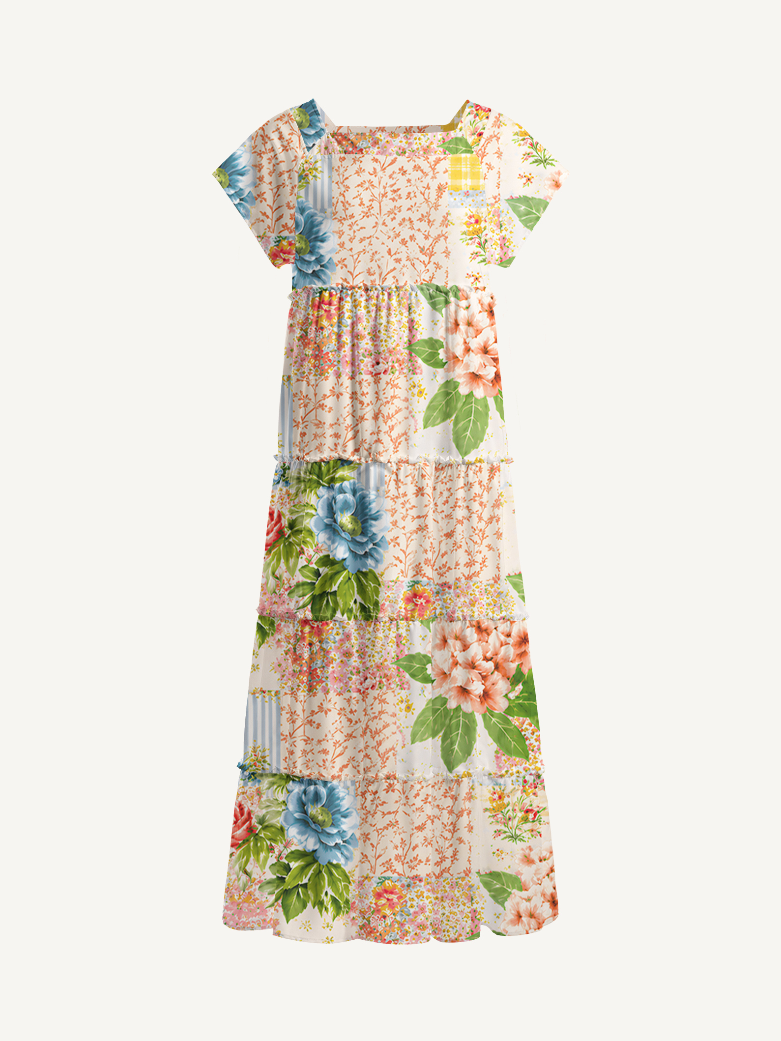 Vintage Cottage Garden Quilt Square Neckline Cap Sleeve Maxi Dress
