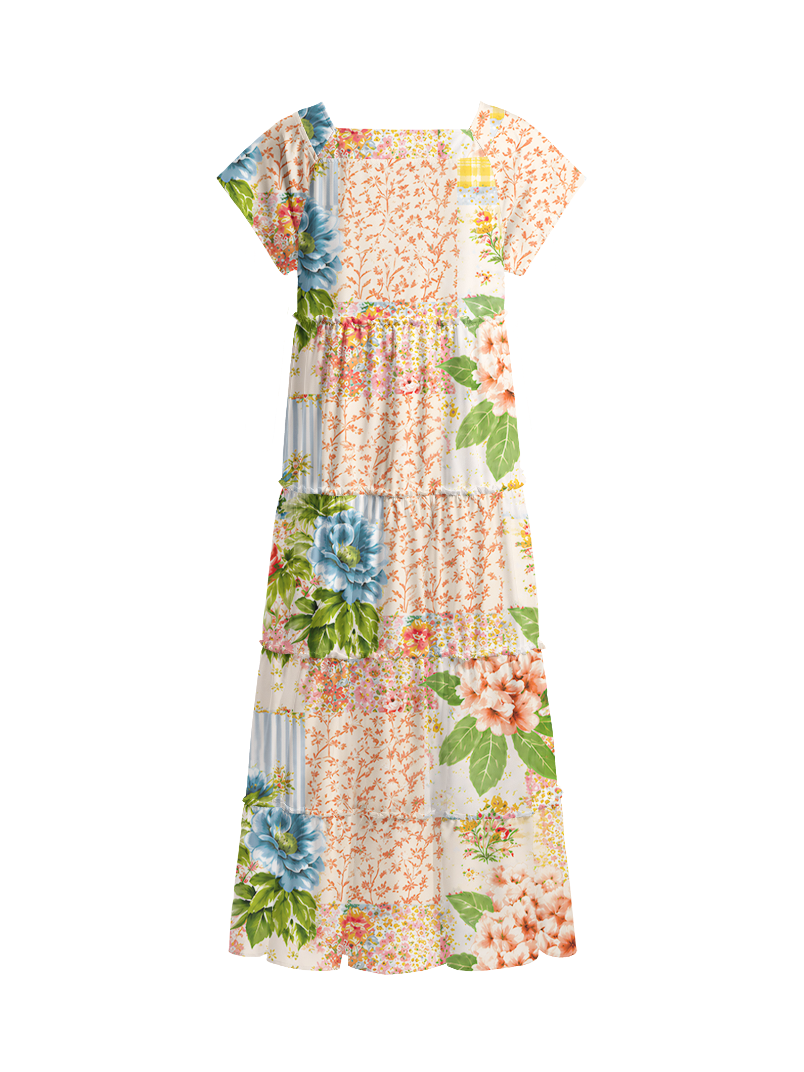 Vintage Cottage Garden Quilt Square Neckline Cap Sleeve Maxi Dress