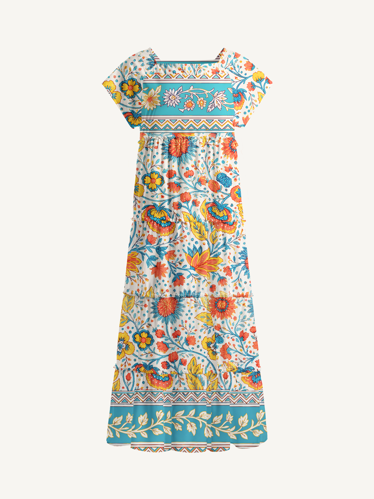 Moroccan Garden Pattern Square Neckline Cap Sleeve Maxi Dress