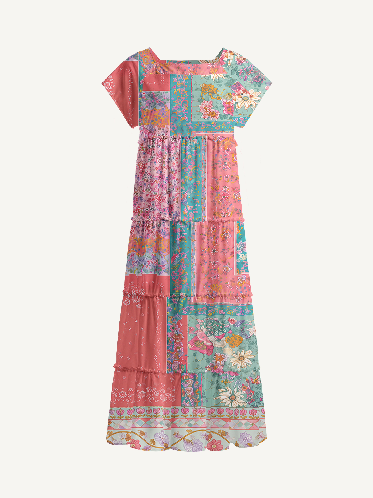 Coral Patchwork Garden Square Neckline Cap Sleeve Maxi Dress