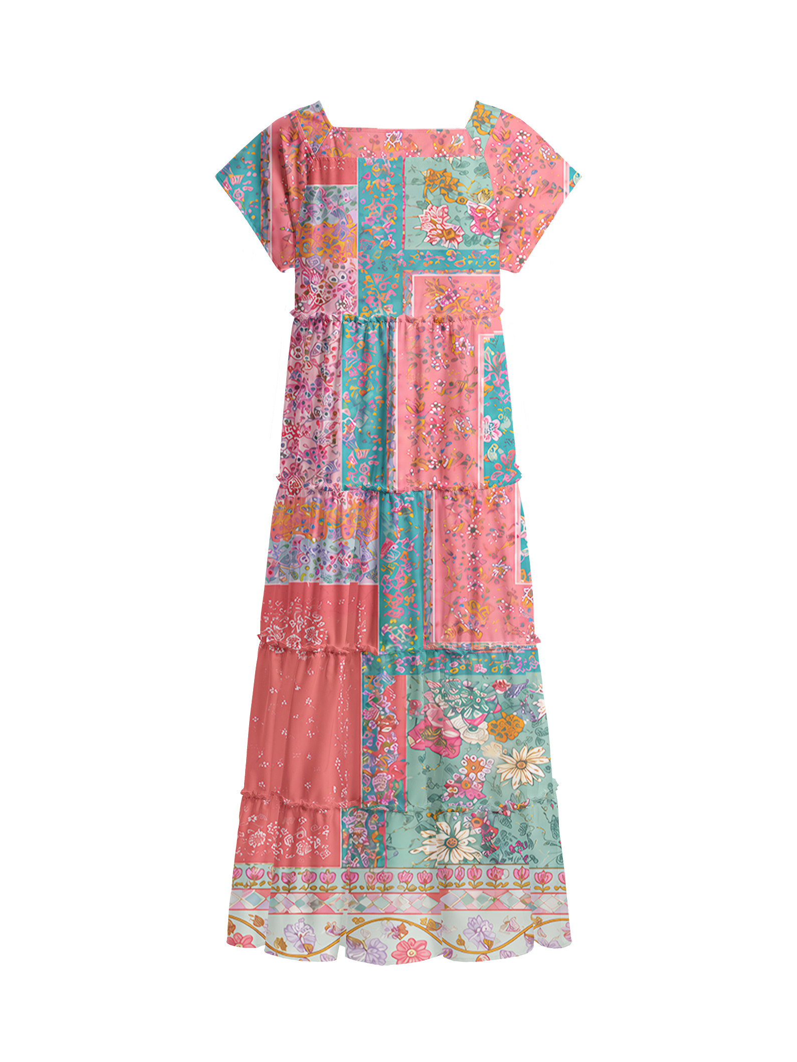 Coral Patchwork Garden Square Neckline Cap Sleeve Maxi Dress