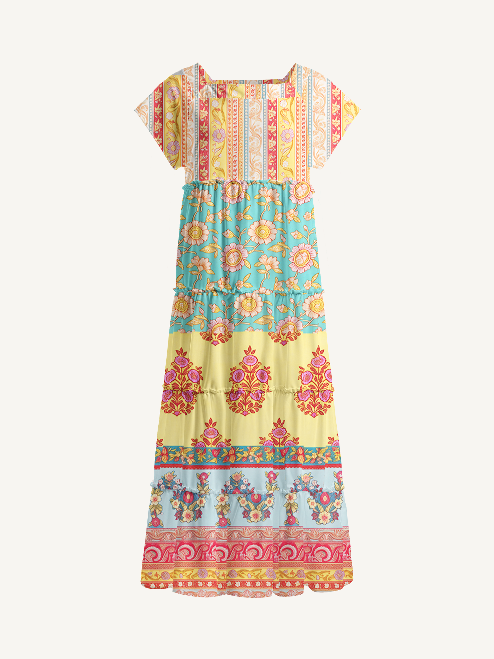Paisley Inspired Pattern Square Neckline Cap Sleeve Maxi Dress