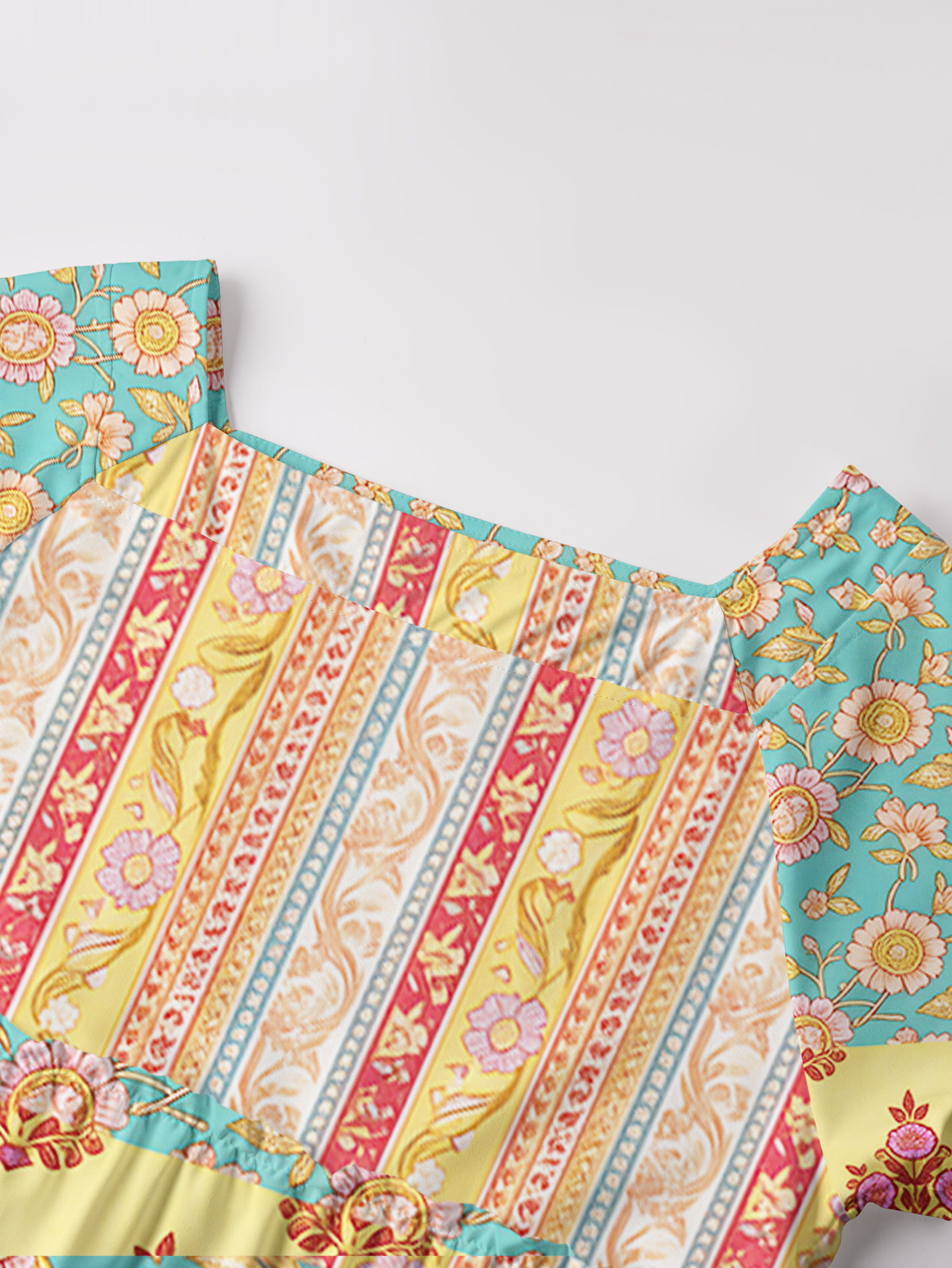 Paisley Inspired Pattern Square Neckline Cap Sleeve Maxi Dress