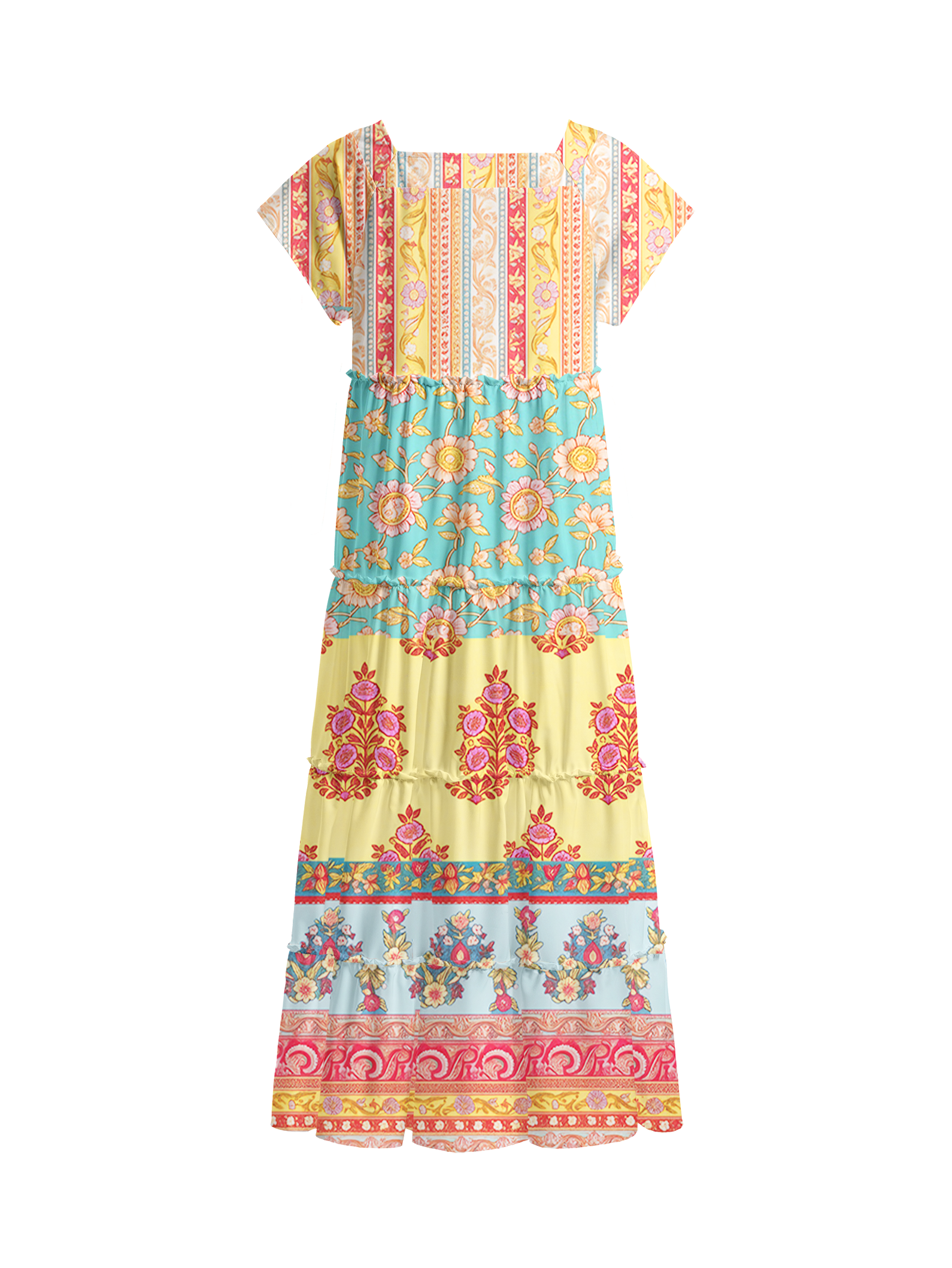 Paisley Inspired Pattern Square Neckline Cap Sleeve Maxi Dress
