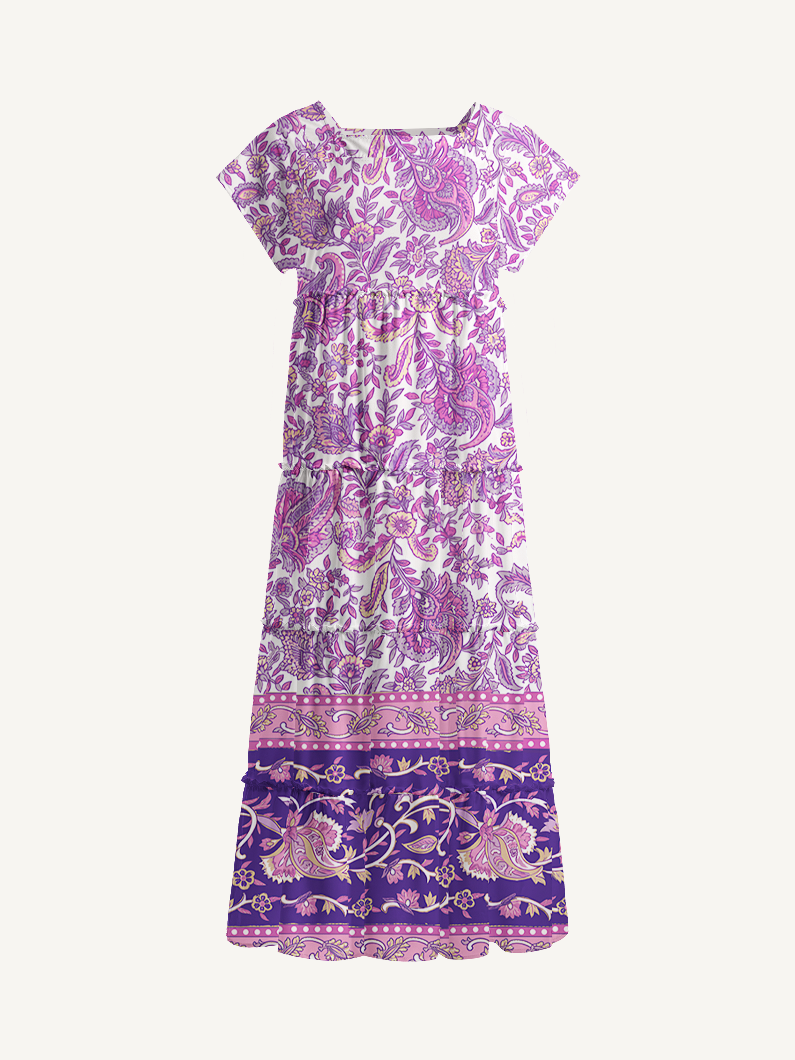 Violet Paisley Garden Square Neckline Cap Sleeve Maxi Dress