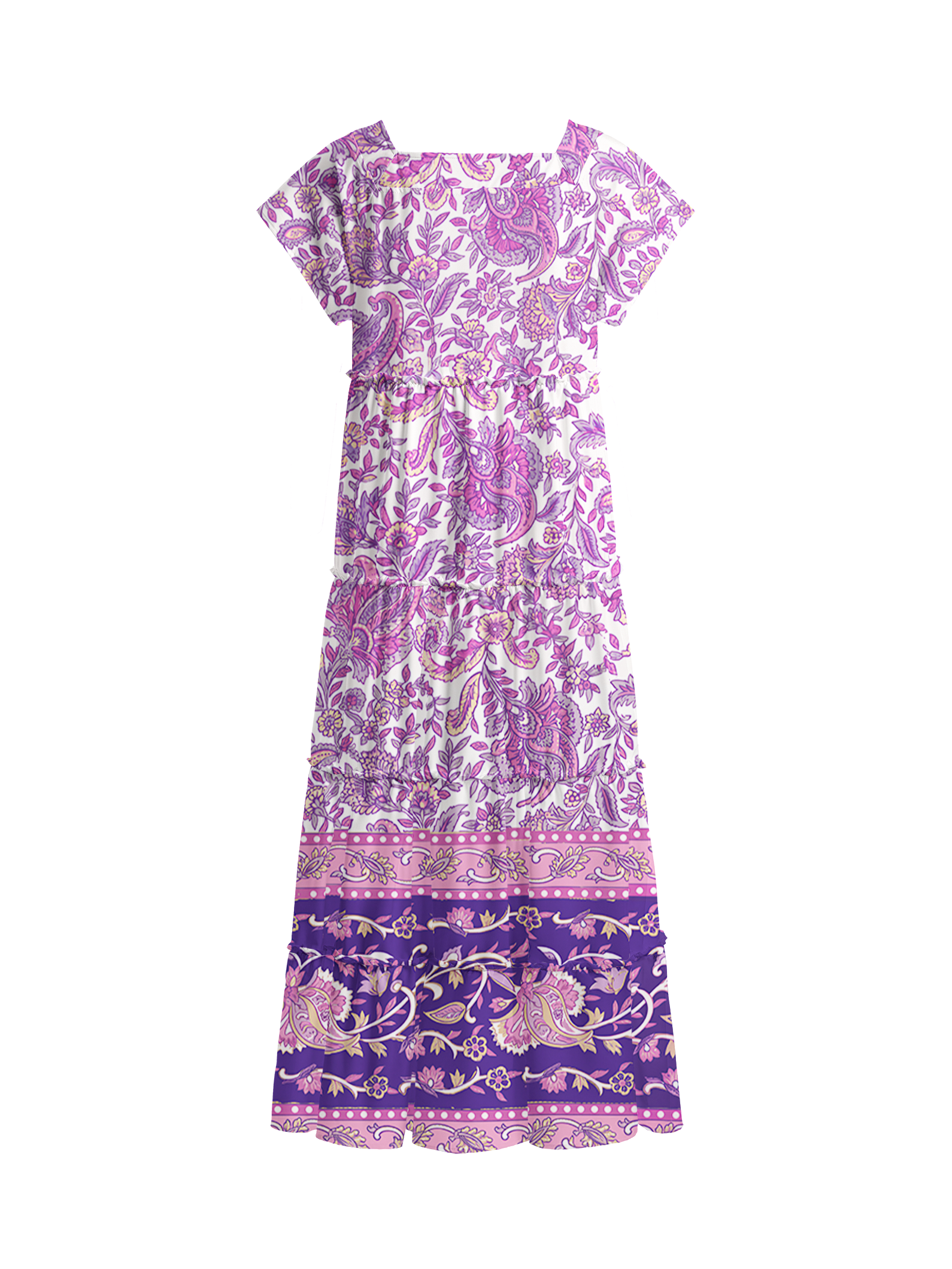 Violet Paisley Garden Square Neckline Cap Sleeve Maxi Dress