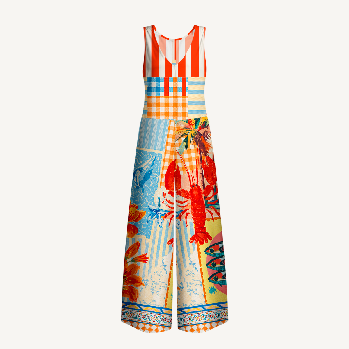 Tropical Lobster Patchwork Jumpsuit with Pockets for Women
