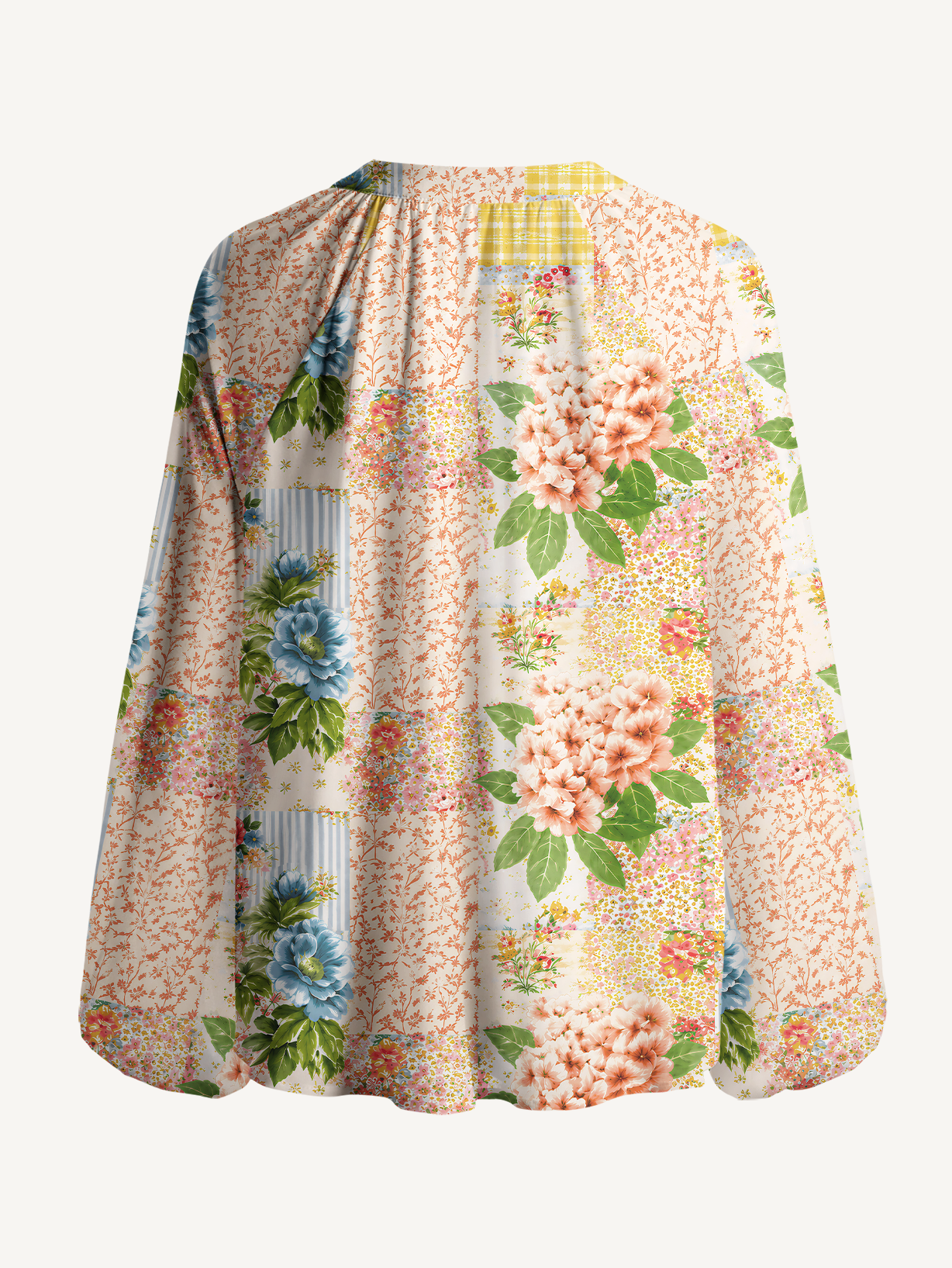Vintage Cottage Garden Quilt Print Boho Long Sleeve Tie‑Neck Blouse