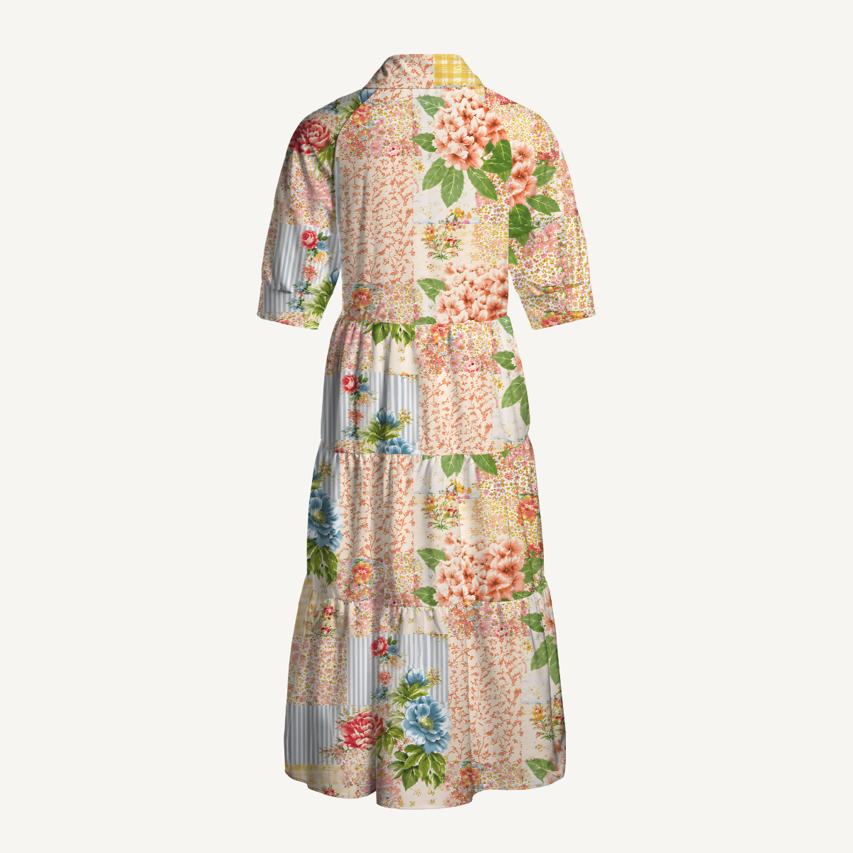 Vintage Cottage Garden Quilt Print Midi Dress For Women With Pockets