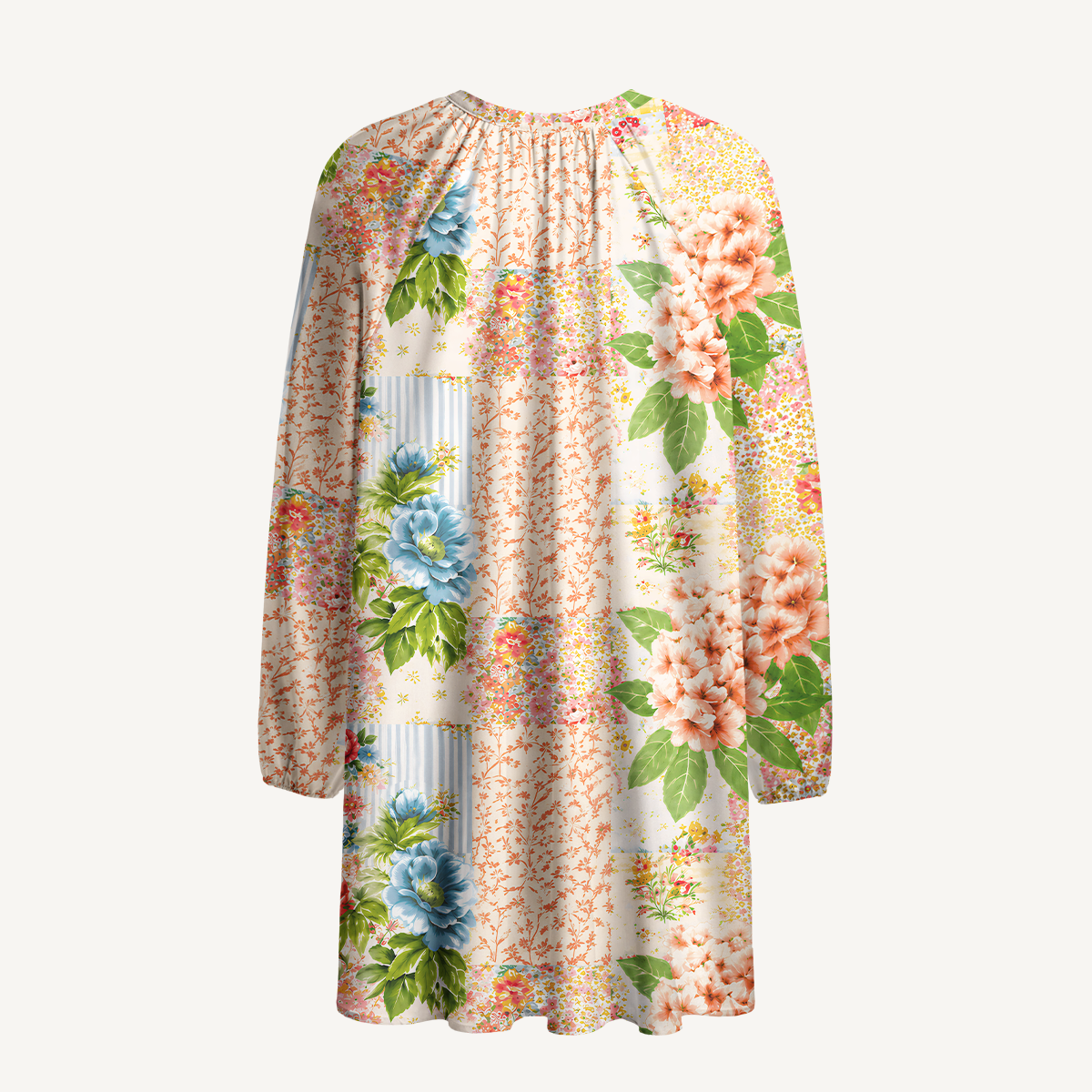 Vintage Cottage Garden Quilt Tie‑Neck Long Sleeve Mini Dress