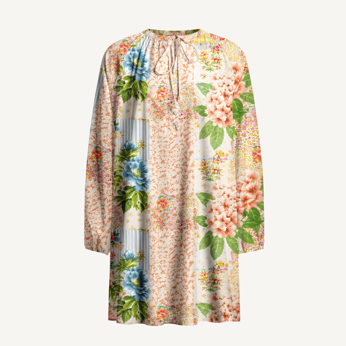 Vintage Cottage Garden Quilt Tie‑Neck Long Sleeve Mini Dress