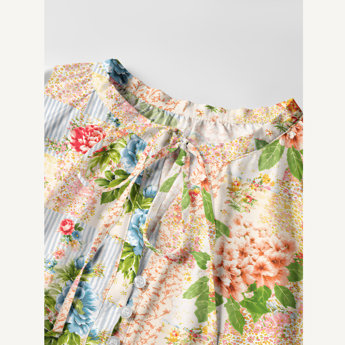 Vintage Cottage Garden Quilt Tie‑Neck Long Sleeve Mini Dress