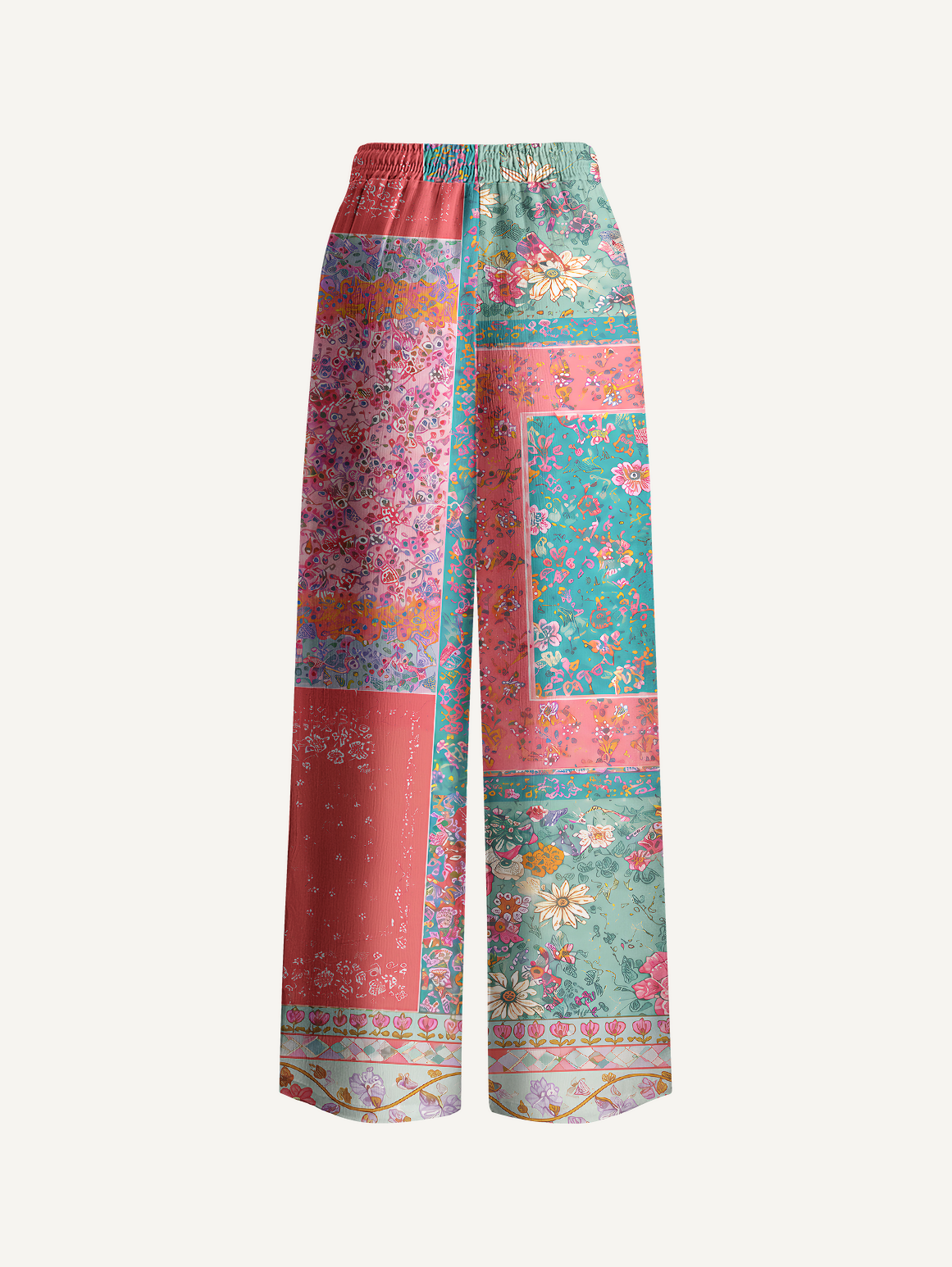 Coral Patchwork Garden Pants For Women With Pockets