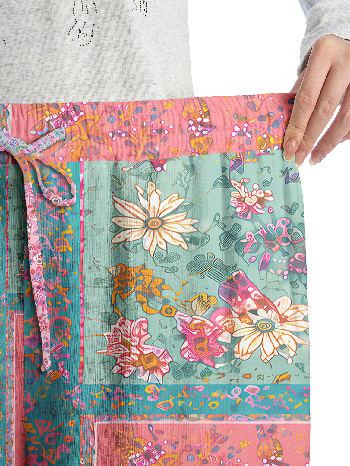 Coral Patchwork Garden Pants For Women With Pockets