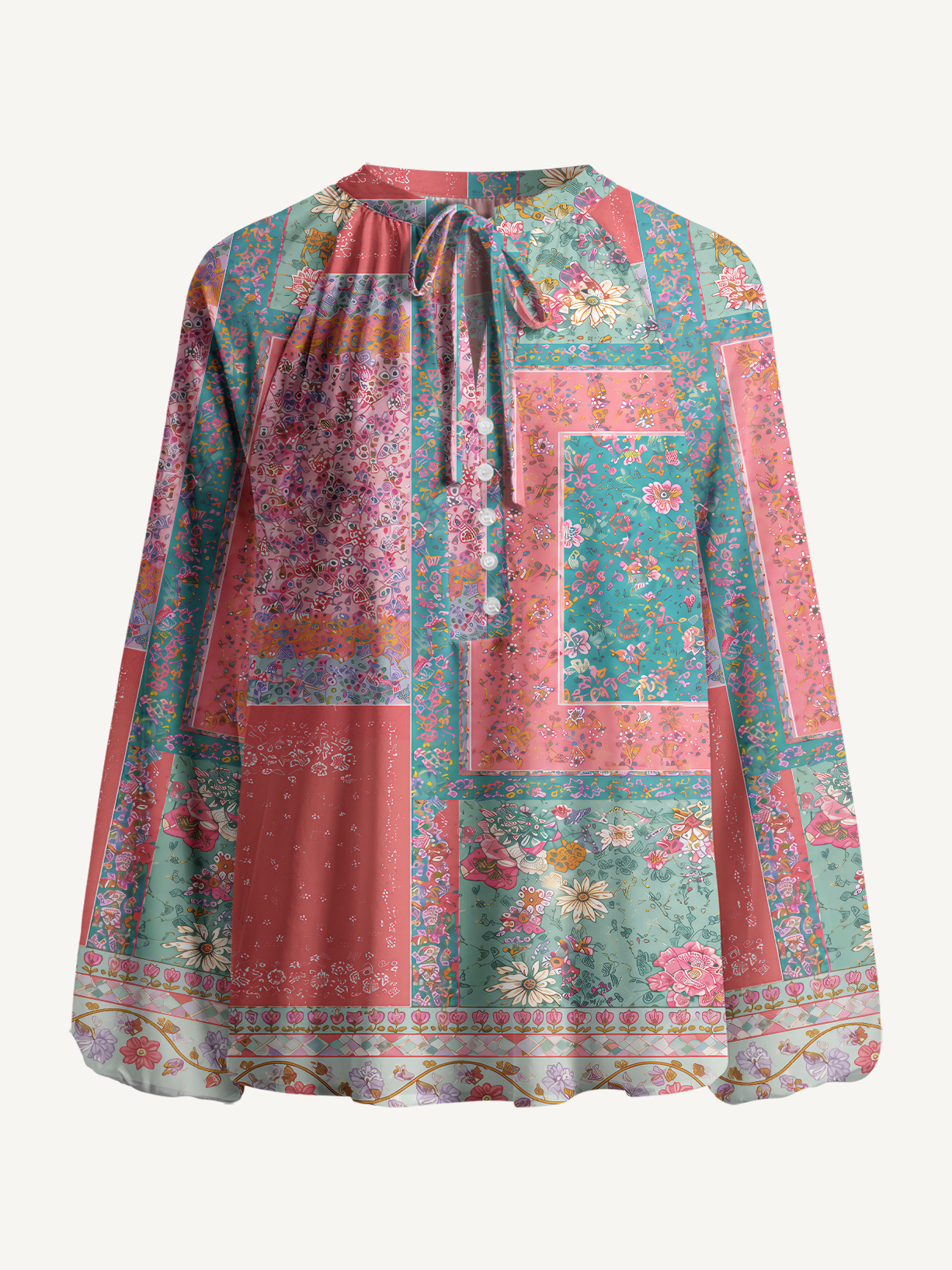 Coral Patchwork Garden Print Boho Long Sleeve Tie‑Neck Blouse