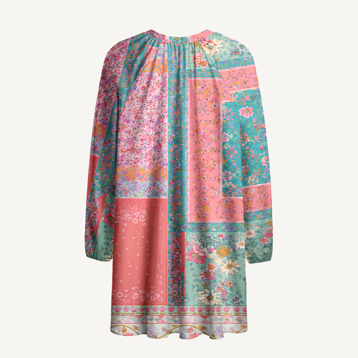 Coral Patchwork Garden Tie‑Neck Long Sleeve Womens Mini Dress