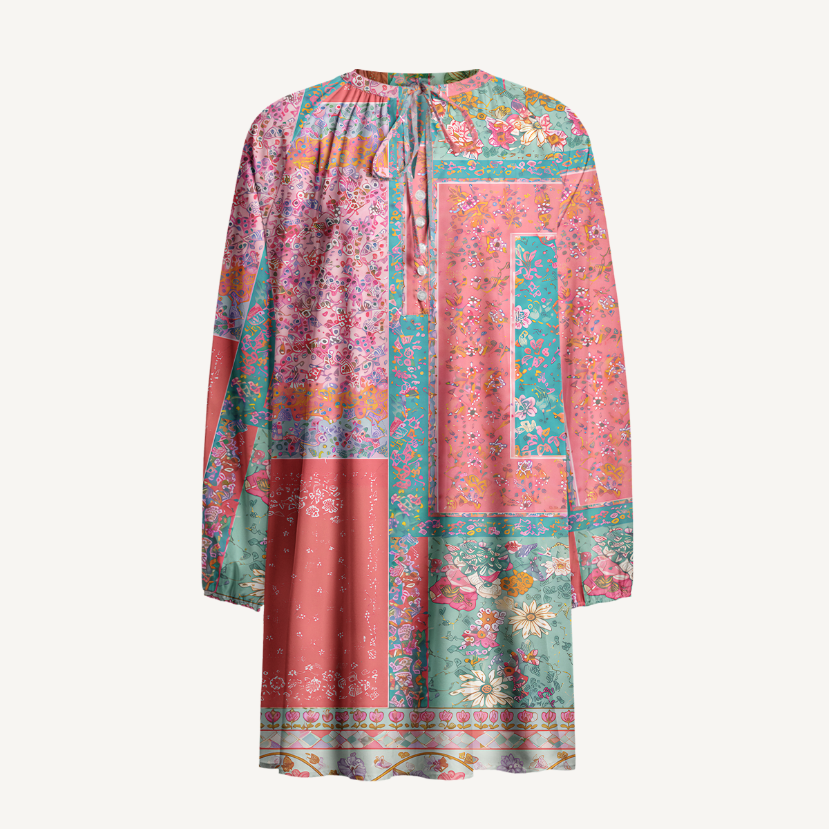 Coral Patchwork Garden Tie‑Neck Long Sleeve Womens Mini Dress