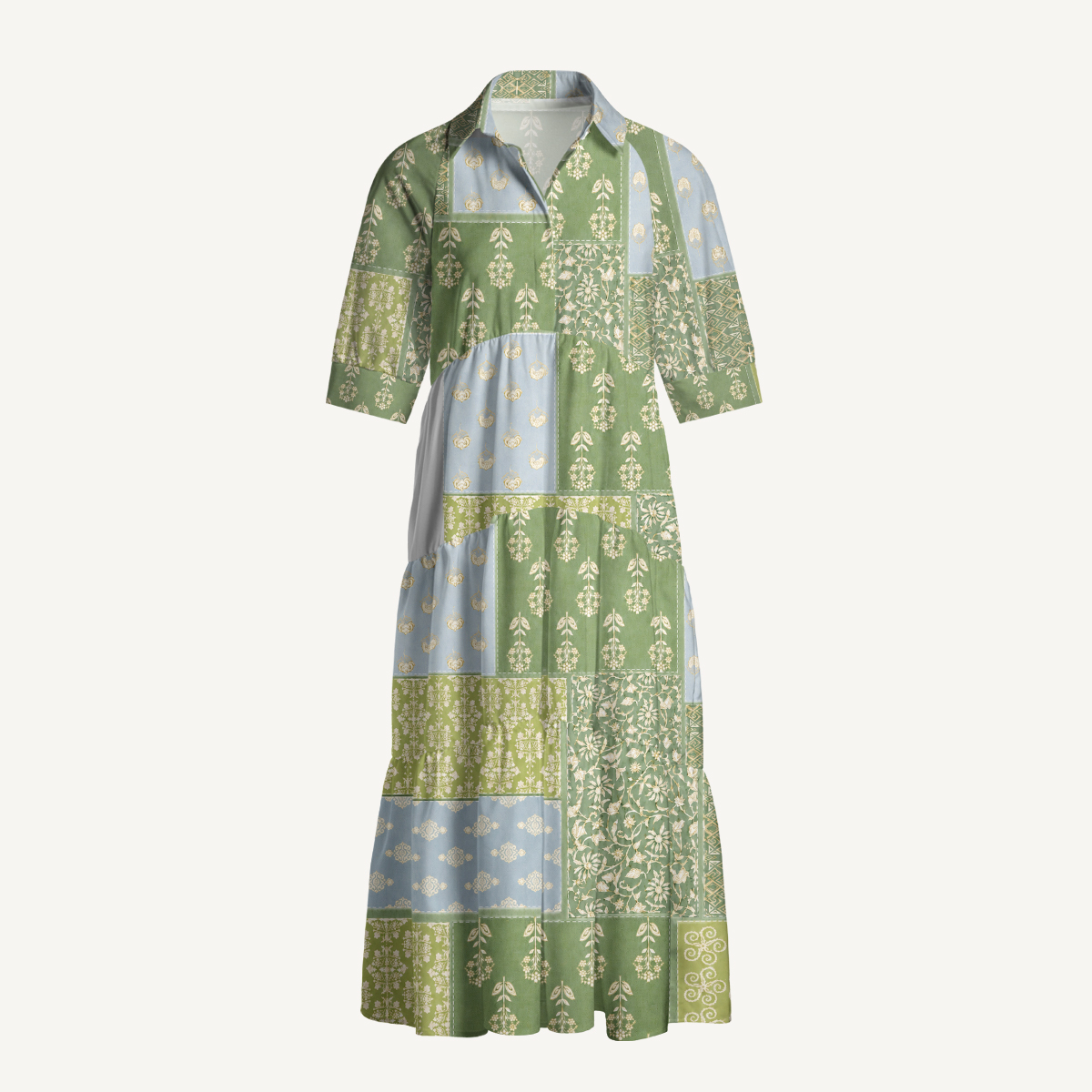 Botanical Geometric Patchwork Elbow-Length Sleeve Womens Midi Dress