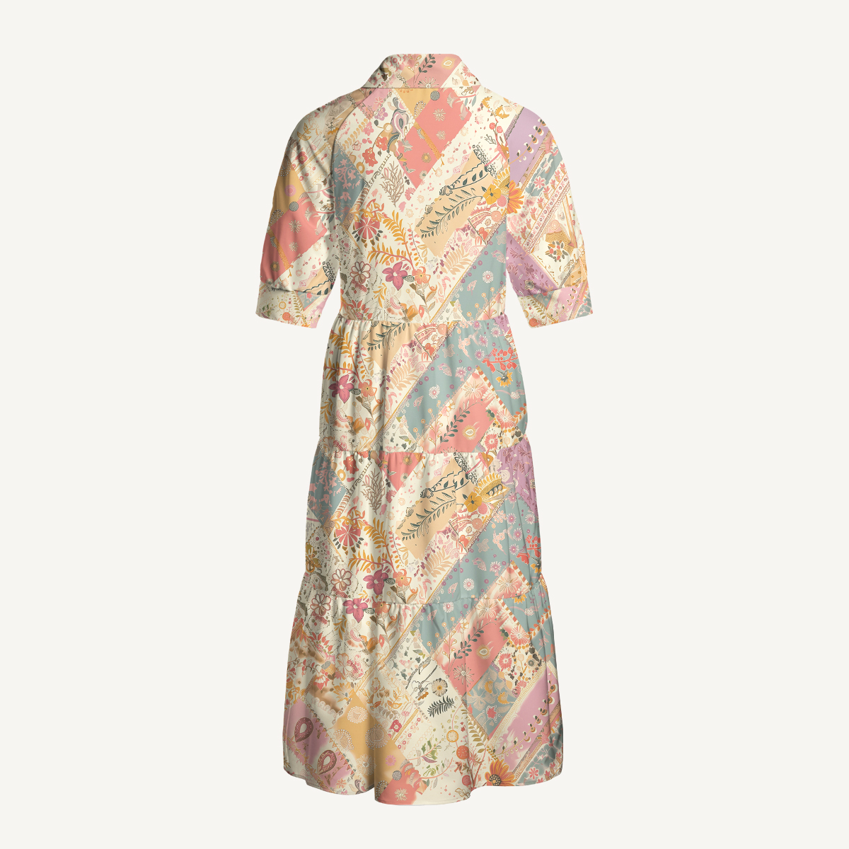 Soft Boho Floral Patchwork Elbow-Length Sleeve Midi Dress